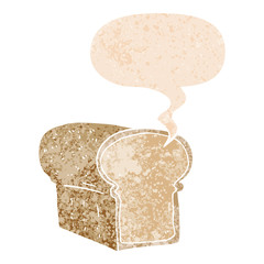 cartoon loaf of bread and speech bubble in retro textured style