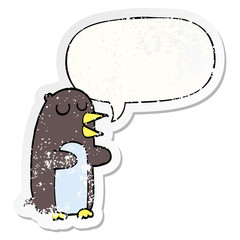 cartoon penguin and speech bubble distressed sticker