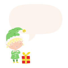 cartoon happy christmas elf and speech bubble in retro style