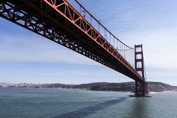 Aerial view under the Golden Gate Bridge near San Francisco on the scenic California coast.