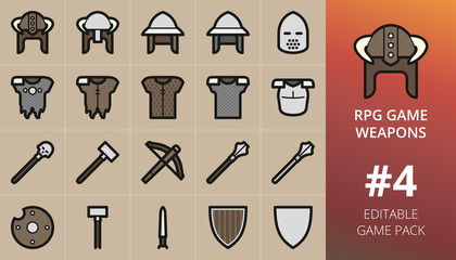 RPG game weapons and armour items set.Set of war hammer, crossbow, morningstar weapon, armor, horned helmet, guard, boss, skull mace. Editable RPG game items pack