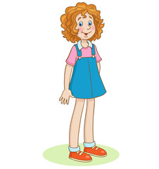 Cute teen girl stands in summer dress.  In cartoon style. Isolated on white background. Vector illustration.