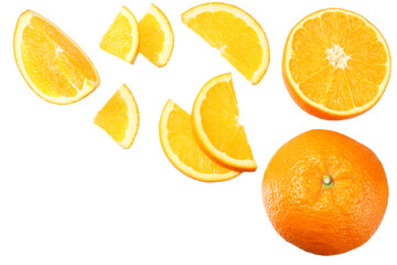 orange with slices isolated on white background. healthy food. top view