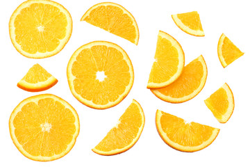 orange with slices isolated on white background. healthy food. top view