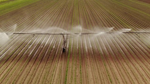 4K Aerial Drone flying to the right parallel close up of a center pivot crop irrigation watering agricultural sprinkler system. Irrigation system sprinkling water on a field in the middle of a farm