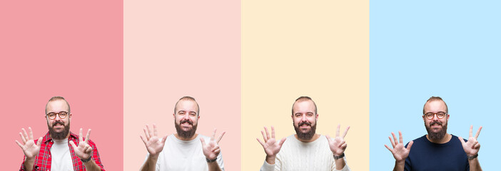 Collage of young man with beard over colorful stripes isolated background showing and pointing up with fingers number eight while smiling confident and happy.
