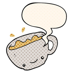 cartoon cup of coffee and speech bubble in comic book style