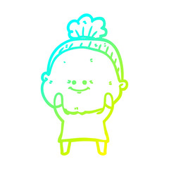 cold gradient line drawing cartoon happy old woman