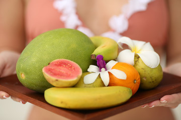 closeup of fruit salad plate isolated, tropical Bali concept