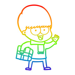 rainbow gradient line drawing happy cartoon boy with present
