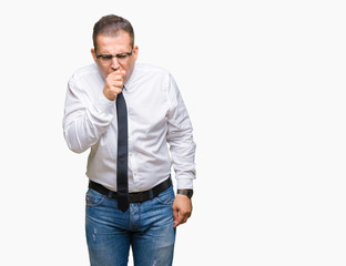 Middle age bussines arab man wearing glasses over isolated background feeling unwell and coughing as symptom for cold or bronchitis. Healthcare concept.