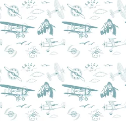Crédence de cuisine en verre imprimé Motif militaire aviation modèle bleu sans couture monogramme rétro vintage