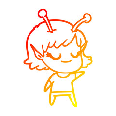warm gradient line drawing smiling alien girl cartoon