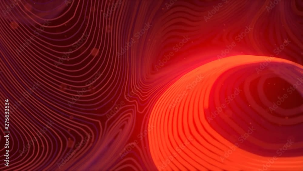 Aufkleber Red colored abstract background with bright particles. Deformed wavy wires with motion glowing elements. Depth of field. 3D render loop animation. 4K, Ultra HD resolution.