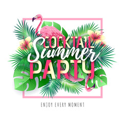 Summer cocktail party typography poster with flamingo and tropic leaves