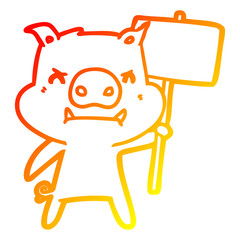 warm gradient line drawing angry cartoon pig protesting