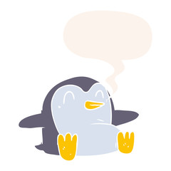 cartoon penguin and speech bubble in retro style