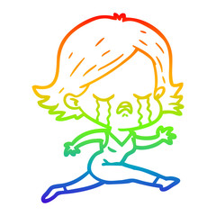 rainbow gradient line drawing cartoon girl crying whilst running