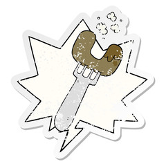 cartoon sausage on fork and speech bubble distressed sticker