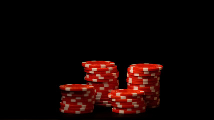 Chips stacks isolated on black, illegal gambling business, risky betting, casino