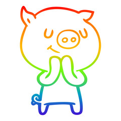 rainbow gradient line drawing happy cartoon pig