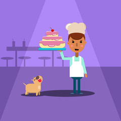  Young cook create a masterpiece of delicious cake with a cherry presentation restaurant dog open mouth hangs out tongue cartoon illustration