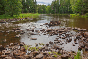 Scenic view of a river in summer before a rain. Farnebofjarden national park in Sweden