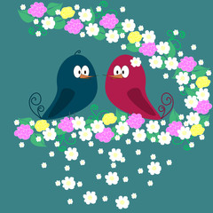 A pair of birds on a branch with flowers on a blue background romantic.