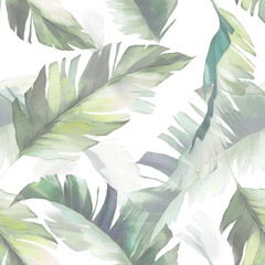 watercolor seamless pattern with tropic leaves. Hand drawn background.  Botanic pattern for wallpaper or fabric. Exotic Tile.