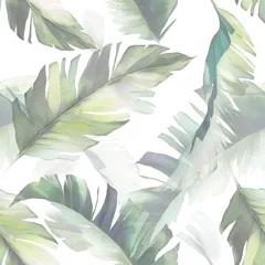 Papier Peint photo Feuilles aquarelles modèle sans couture aquarelle avec des feuilles tropiques. Arrière-plan dessiné à la main. Motif botanique pour papier peint ou tissu. Carrelage exotique.