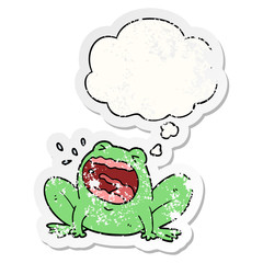 cartoon frog shouting and thought bubble as a distressed worn sticker