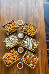 French fries poutine different flavours with dip sauces