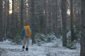 winter landscape man with a backpack / nature landscape a man on a hike with equipment in snowy weather in Canada