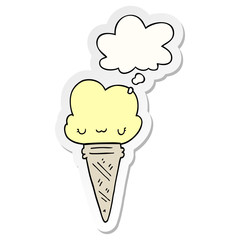 cartoon ice cream with face and thought bubble as a printed sticker