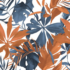 watercolor seamless pattern with tropic leaves. Hand drawn background.  Botanic pattern for wallpaper or fabric. Exotic Tile. - 275637393