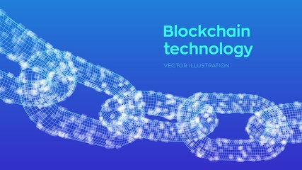 Block chain. Crypto currency. Blockchain concept. 3D wireframe chain with digital blocks. Editable cryptocurrency template. Stock vector illustration.