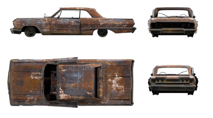 3D-Renders of burnt old car. Set on white