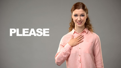 Woman saying please in sign language, text on background, communication for deaf