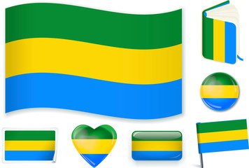 Gabonian flag in seven shapes. Editable with separate layers.