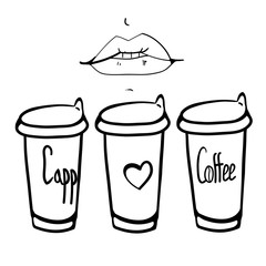 Coffee glasses and lips a set of simple line drawings to vector