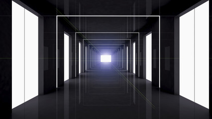 long dark empty tunnel interior with strip light.3d rendering.black corridor with lighting.