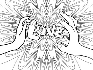 illustration with the image of male and female hands with the inscription love 