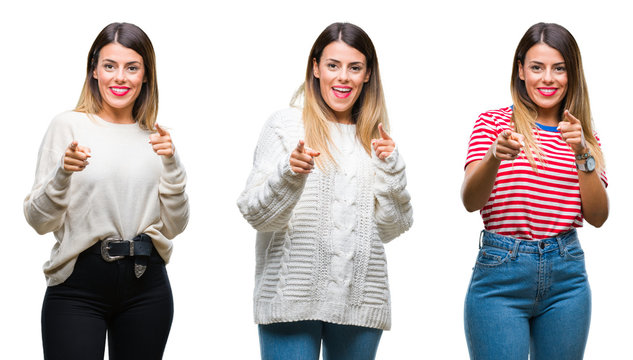 Collage of young beautiful woman over isolated background pointing fingers to camera with happy and funny face. Good energy and vibes.