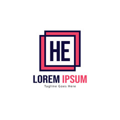 Initial HE logo template with modern frame. Minimalist HE letter logo vector illustration