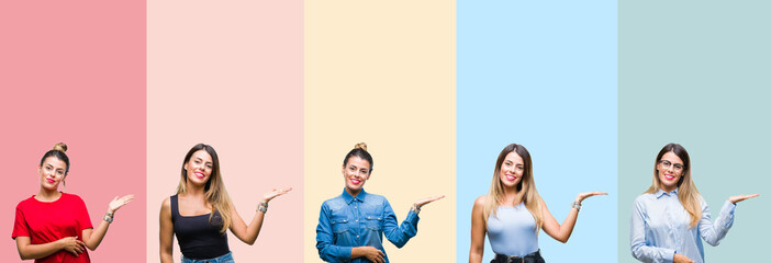 Fototapeta premium Collage of young beautiful woman over colorful stripes isolated background smiling cheerful presenting and pointing with palm of hand looking at the camera.