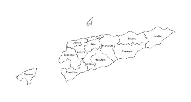 Vector isolated illustration of simplified administrative map of East Timor (Timor-Leste). Borders and names of the regions. Black line silhouettes