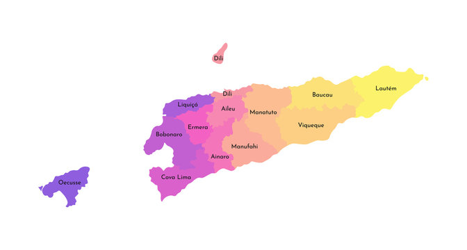 Vector isolated illustration of simplified administrative map of East Timor (Timor-Leste). Borders and names of the regions. Multi colored silhouettes