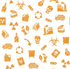 Waste collection and disposal, seamless pattern, pencil hatching, white, orange, vector. Garbage collection, different types of waste. Vector, seamless background. Imitation of pencil hatching. 