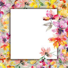 watercolor colored leaves and flowers, hand-drawn on a gray background and a white center for lettering, cover, postcard, frame