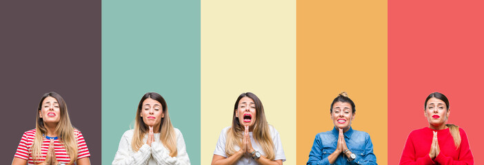 Fototapeta premium Collage of young beautiful woman over colorful vintage isolated background begging and praying with hands together with hope expression on face very emotional and worried. Asking for forgiveness. 